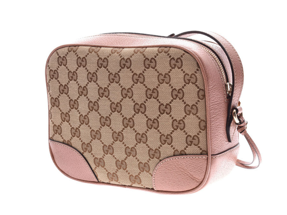 Gucci Pink GG Canvas Beige Shoulder Bag Bree Calfskin Pink Tan